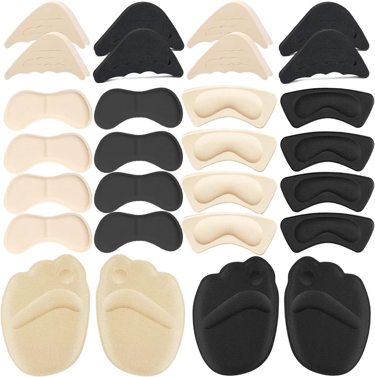 schoenvullers hielkussens voor damesschoenen - schoenvuller voor te grote schoenen met teeninlegzolen, teeninlegzolen voor te grote pasvorm - zwart - meerdere maten - 16 paar