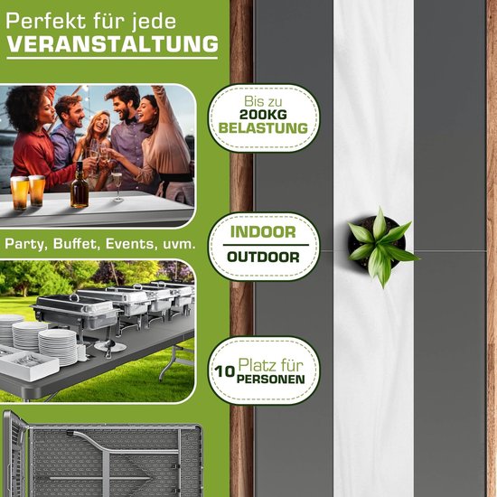 Tuintafel Inklapbaar - Klaptafel Buffet - Feest Buiten - Extra Breed - 220 x 70 cm - Antraciet — afbeelding 3