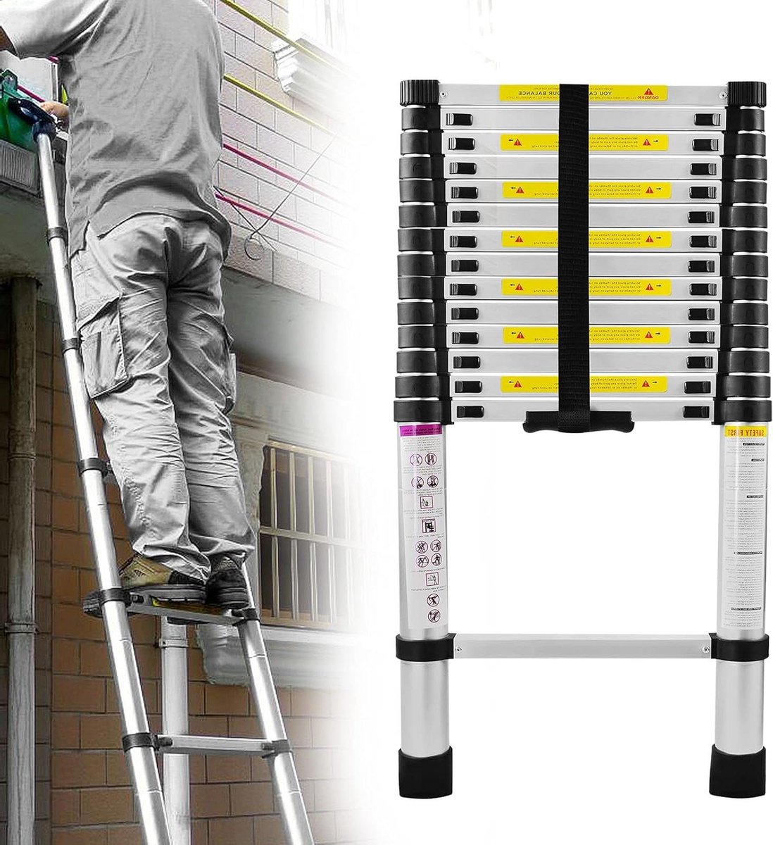 Telescopische Ladder - Uitklapbare Ladder - Klusklare Hulp - Lichtgewicht Aluminium - 440 cm Hoog - Zilver
