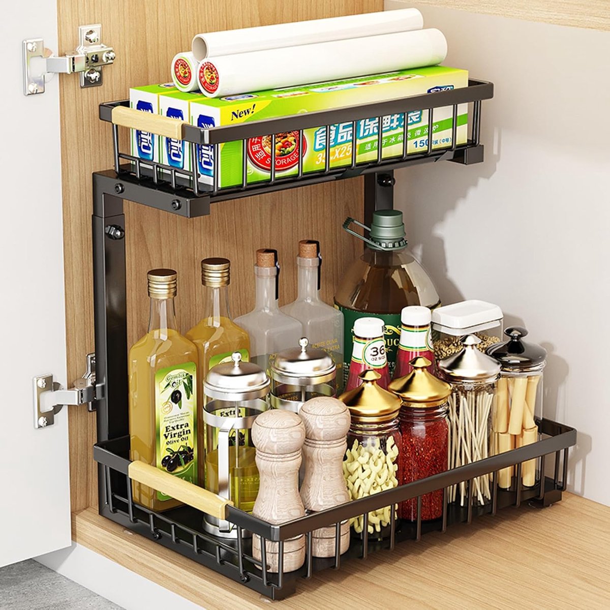 Onderkast Organizer – 2 Stuks – Uitschuifbare Keukenrek – Verstelbare Hoogte – 4 Planken – RVS Opbergrek voor Keuken & Badkamer