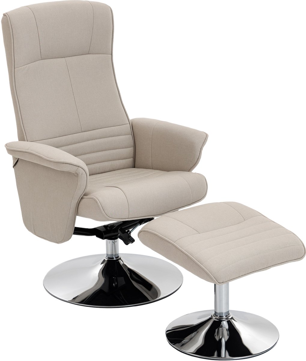 Relaxstoel met voetenbank - met armsteun - 360° draaibaar - 135° kantelbaar - bekleding van beige stof