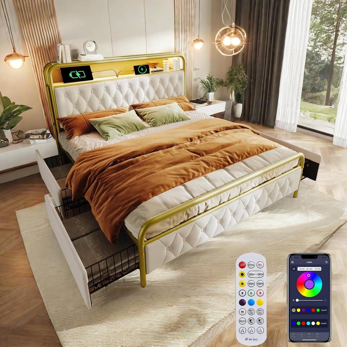 Tweepersoonsbed - Gestoffeerd bed - Opbergen en laden - Met LED en USB - 140x200 cm - Wit