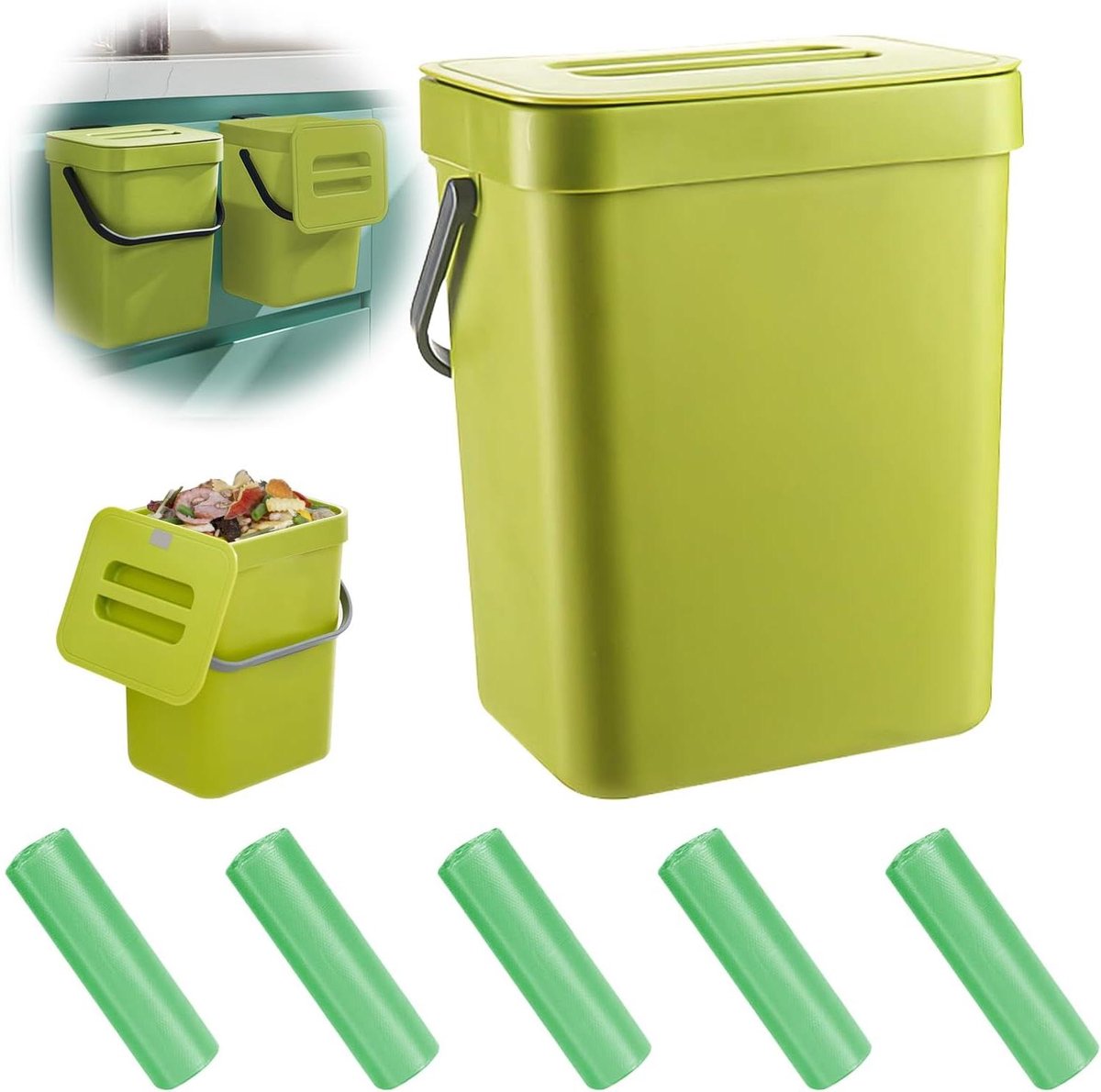 Keuken Afvalbak - Compostbak Binnen - Koken en Opruimen - Geurvrij met Deksel - 5 Liter Inhoud - Groen