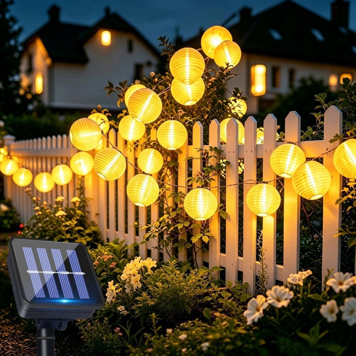 Buitenlampjes - Warm Wit - 6 Meter - Zonne-energie Lichtsnoer met 20 Nylon Lantaarns - Voor Tuin en Terras