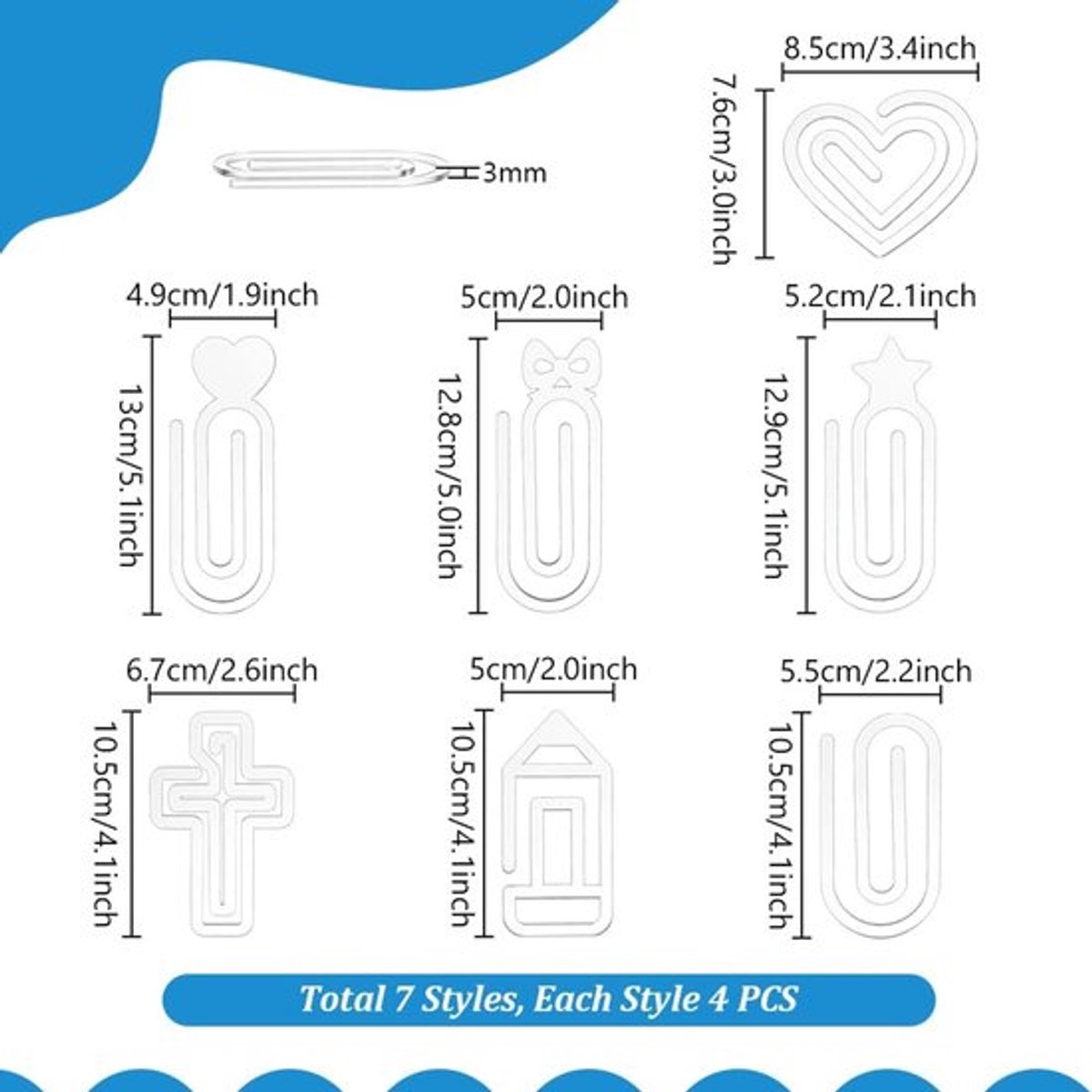 Paperclips 28 Stuks - Transparante Acryl - 7 Stijlen - Kantoor Benodigdheden - Thuis DIY Ambachten - Perfect voor Organiseren - Kantoorbenodigdheden