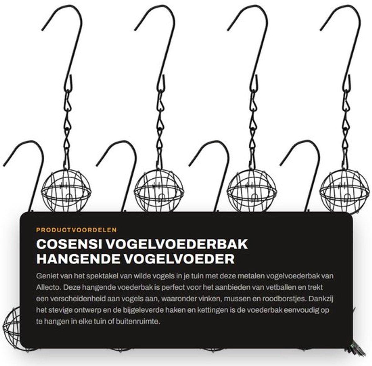 Vogelvoederbak 7 cm - Metalen Voederhuisje voor Vogels - Hangend Voederhuisje - Set van 8 Vetbalvoeders - Zwart - Duurzaam Ijzer