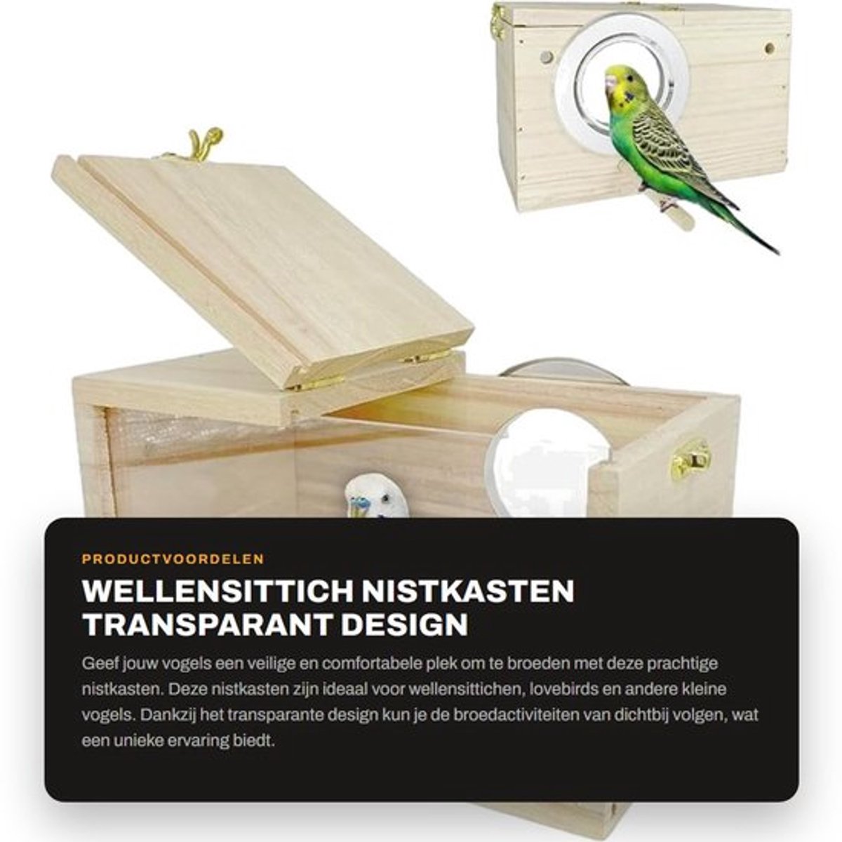 Nistkasten transparant design - Vogelhuisje van natuurlijk hout - Klein vogelnest - Broedkast voor parkiet - Schuilplaats voor lovebirds - Geschikt voor papegaaien - Vogelhuis
