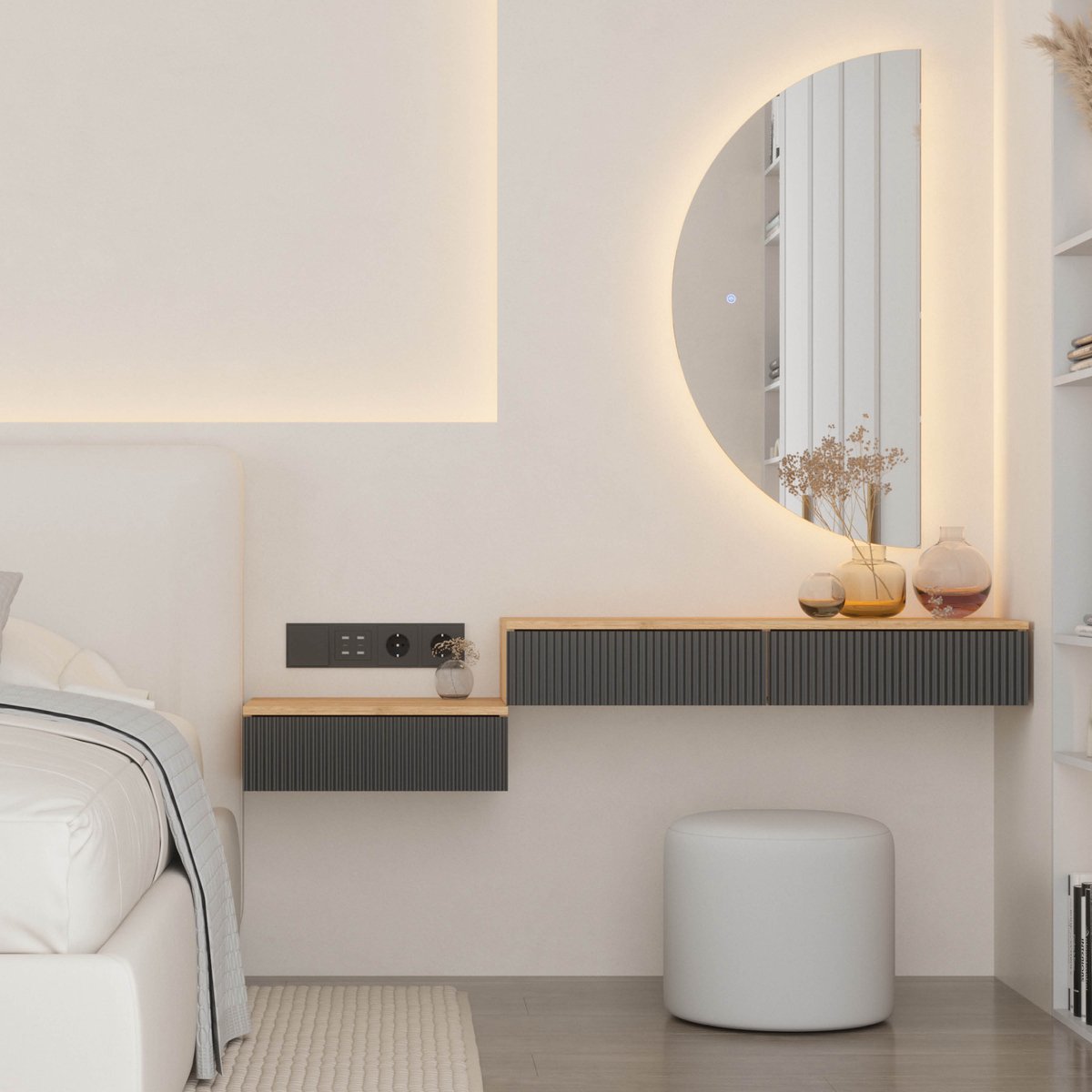 Planetmöbel AMYRA Slaapkamerset – Zwevend Nachtkastje 50 cm + Kaptafel 100 cm – Goud Eiken/Zwart – Wandhangend