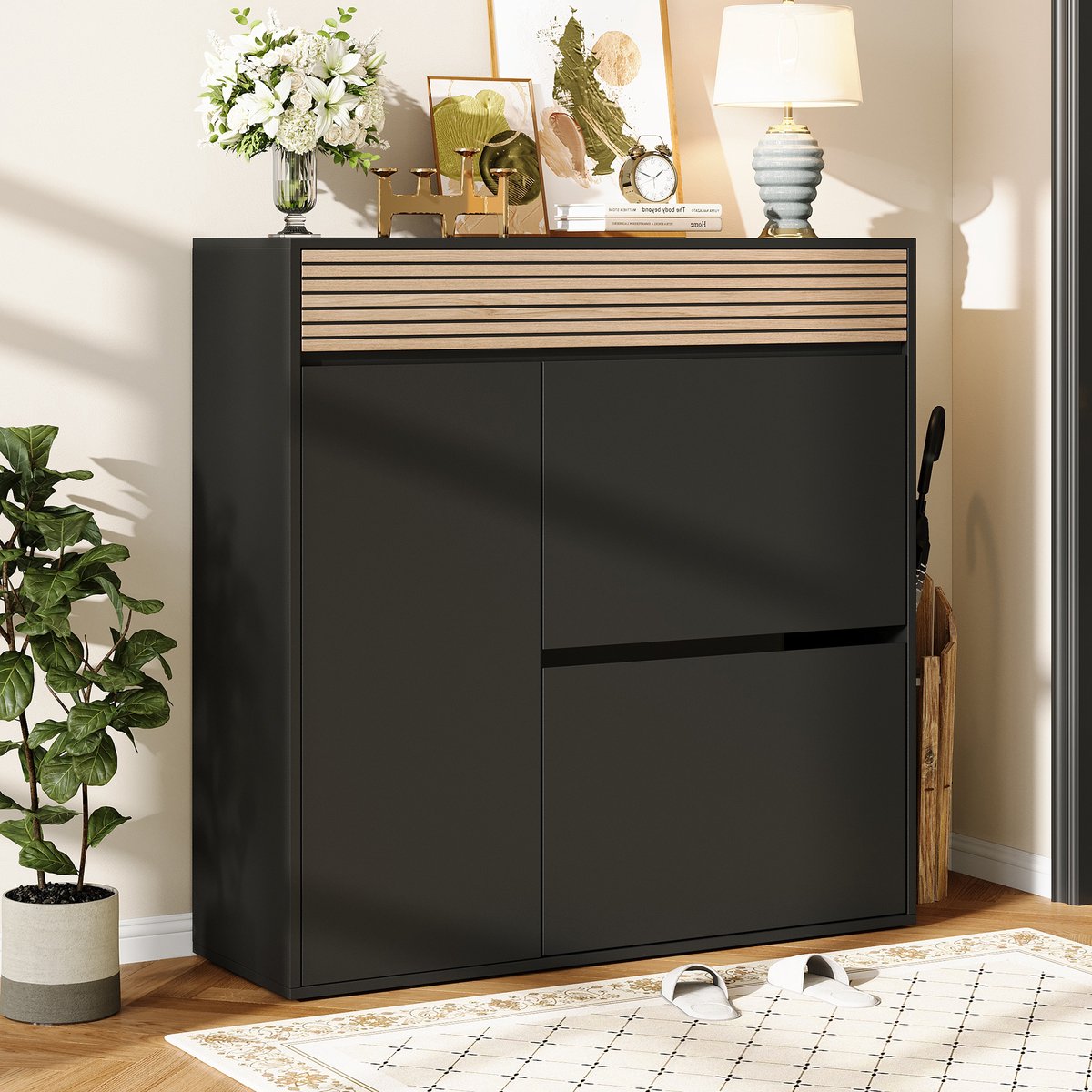 Pugsdrly Schoenenkast met 1 deur, smalle schoenenkast met 2 naar beneden zwenkbare deuren, gesloten schoenenkast, schoenenrek voor in de hal of woonkamer, zwart + naturel hout, 100 × 35 × 105 cm