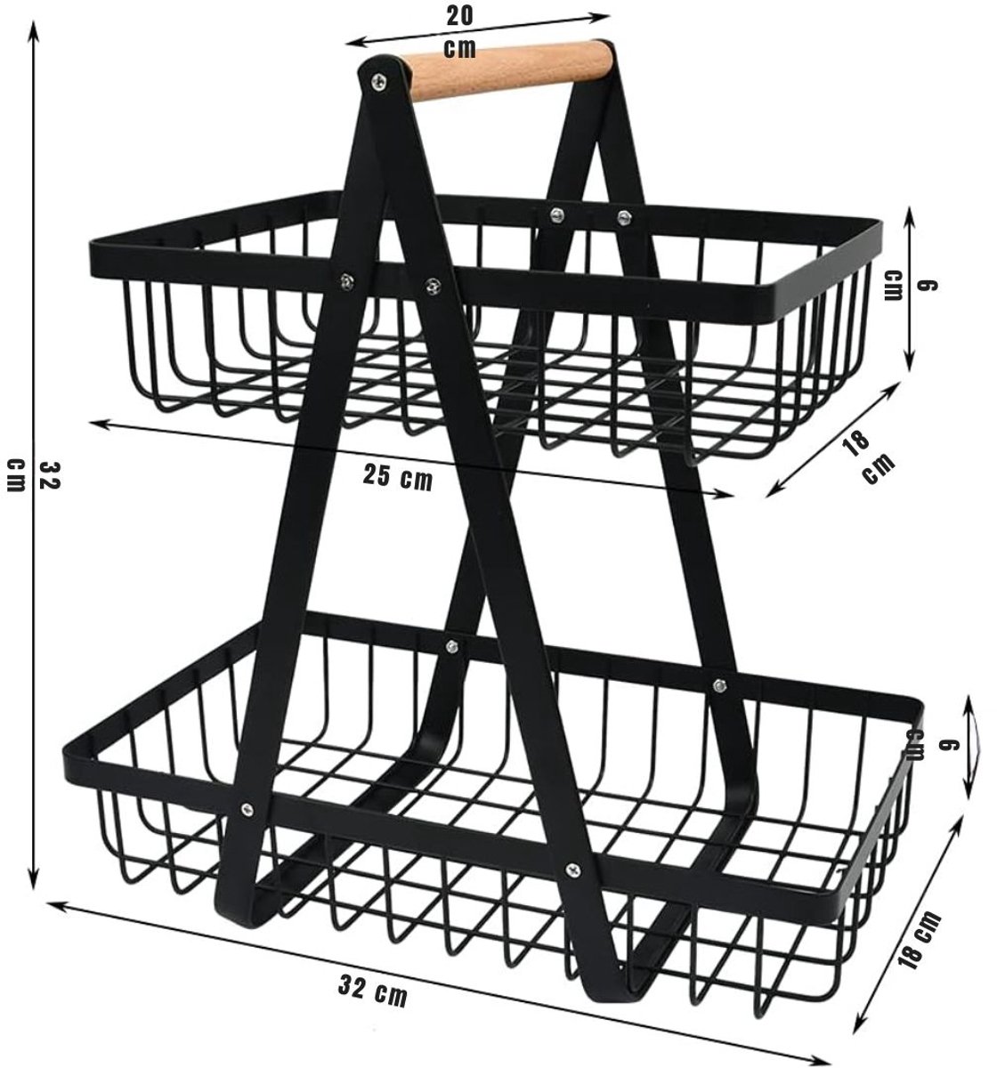 KIRA® Fruitschaal - Etagere 3 Laags - Fruitmand - Fruitschaal Etagere - Fruit Etagere - Zwart - 32cm x 30cm x 18cm