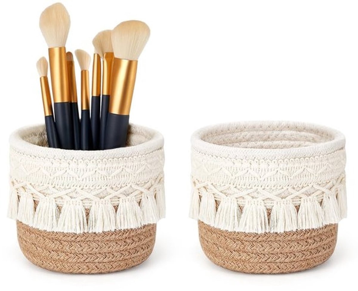 Makeup Borstelhouder Decoratief - Opbergmand - Mini Opbergmand - Rieten Mand - 10 x 10 cm - Katoenen Touw