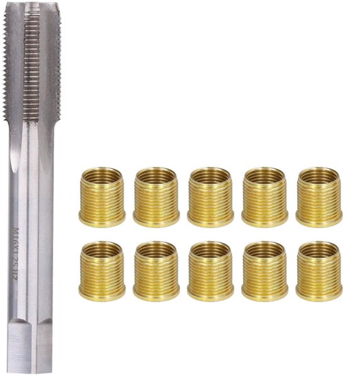 Draadreparatieset met 10 Stuks - M14 X 1,25 Draadinzetstukken - M16 X 1,25 Draadkraan - Snelstaal Draadtap - Geschikt voor Benzinemotoren - Hittebestendig - Bougietap