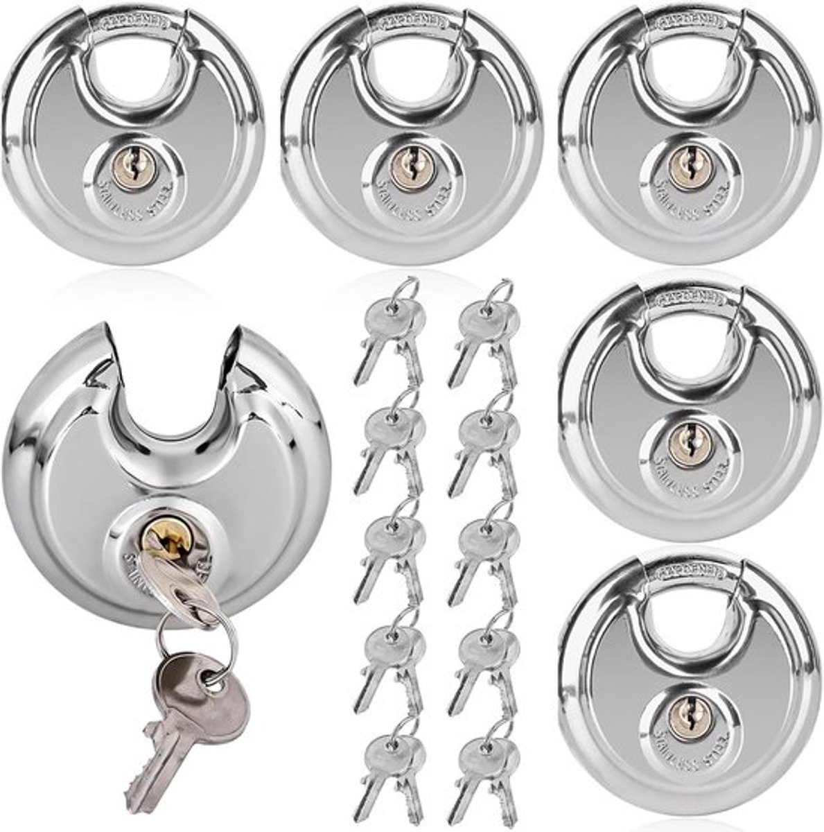 SnelShoppen - 5x Ronde Schuifslot 60mm Met 10 Sleutels - Roestvrij Staal Disc Lock - Weerbestendig en Corrosiebestendig - Veiligheidslock Voor Binnen
