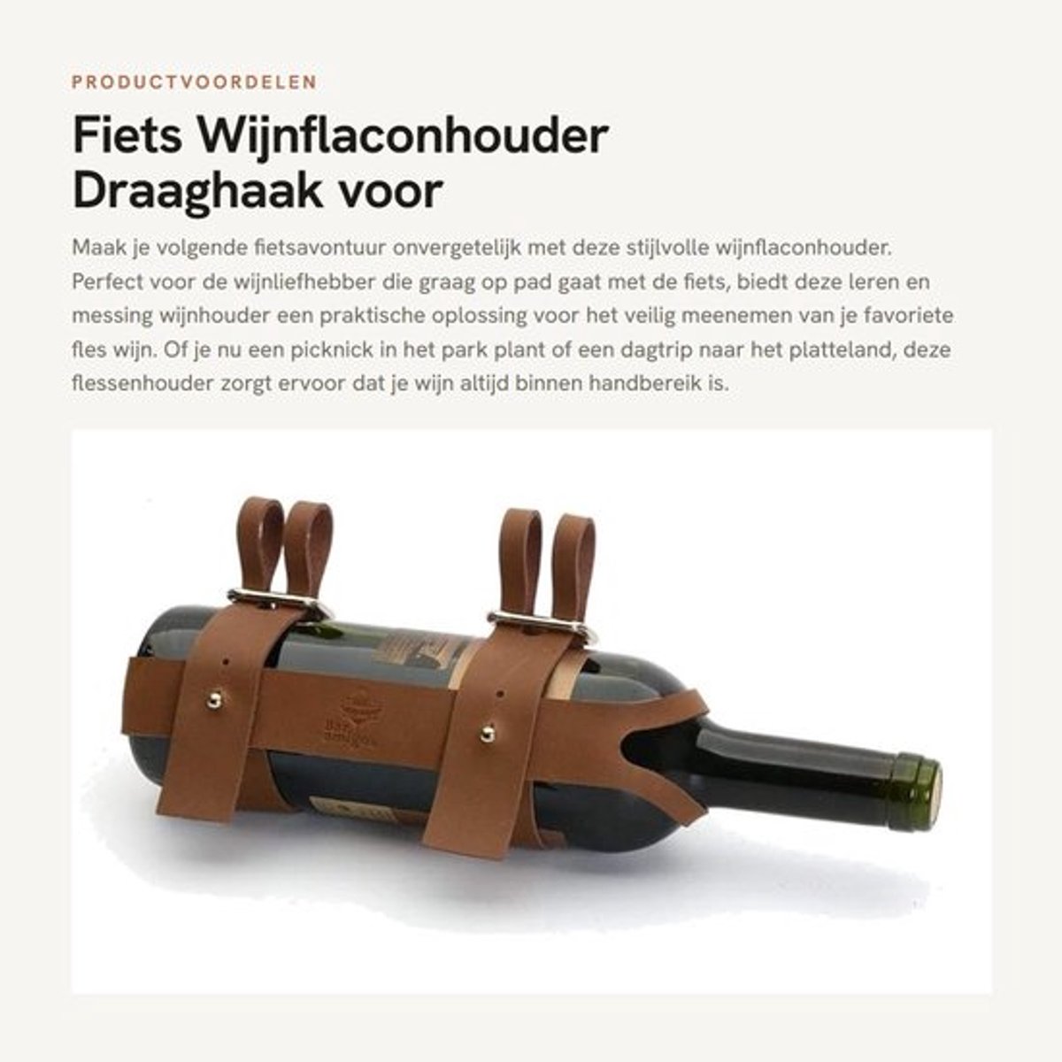Wijnflaconhouder Leren - Flessenhouder - Draaghaak - Fietsaccessoire - Ideaal voor Picknick - Afmetingen 23cm x 9cm - Fietswijndrager