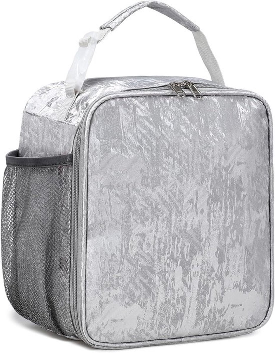 SnelShoppen - Koeltas Meisjes Lunch Tas Dames Picknick Tas Met Schouderband Zilver Grijs 22x14x26 cm Geïsoleerd Perfect Voor School, Kantoor, Buitensh