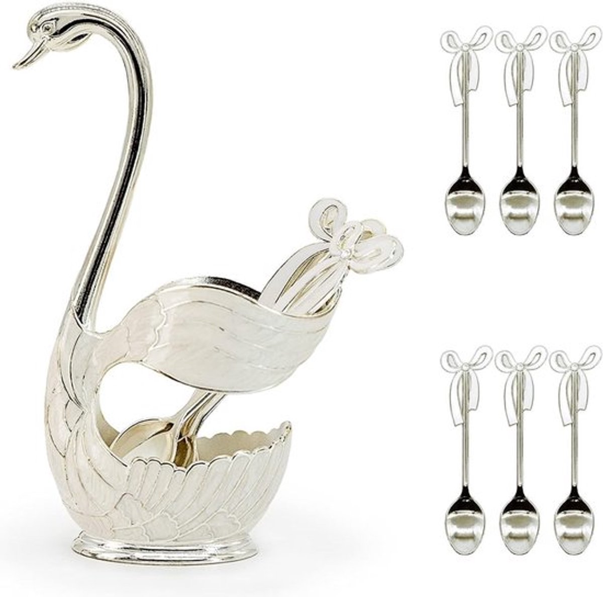 Koffielepel Set - 6-delige Spatelset - Lepelsteun - Decoratieve Zwanenhouder - Roestvrij Staal - Multifunctioneel Gebruik - Lepelset