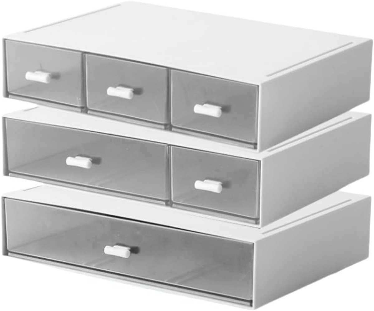 Bureauorganizer - Wit - 9 x 16,5 x 12,5 cm - Stapelbare Plastic Opbergdoos met 6 Laden - Voor Kantoor en Thuis