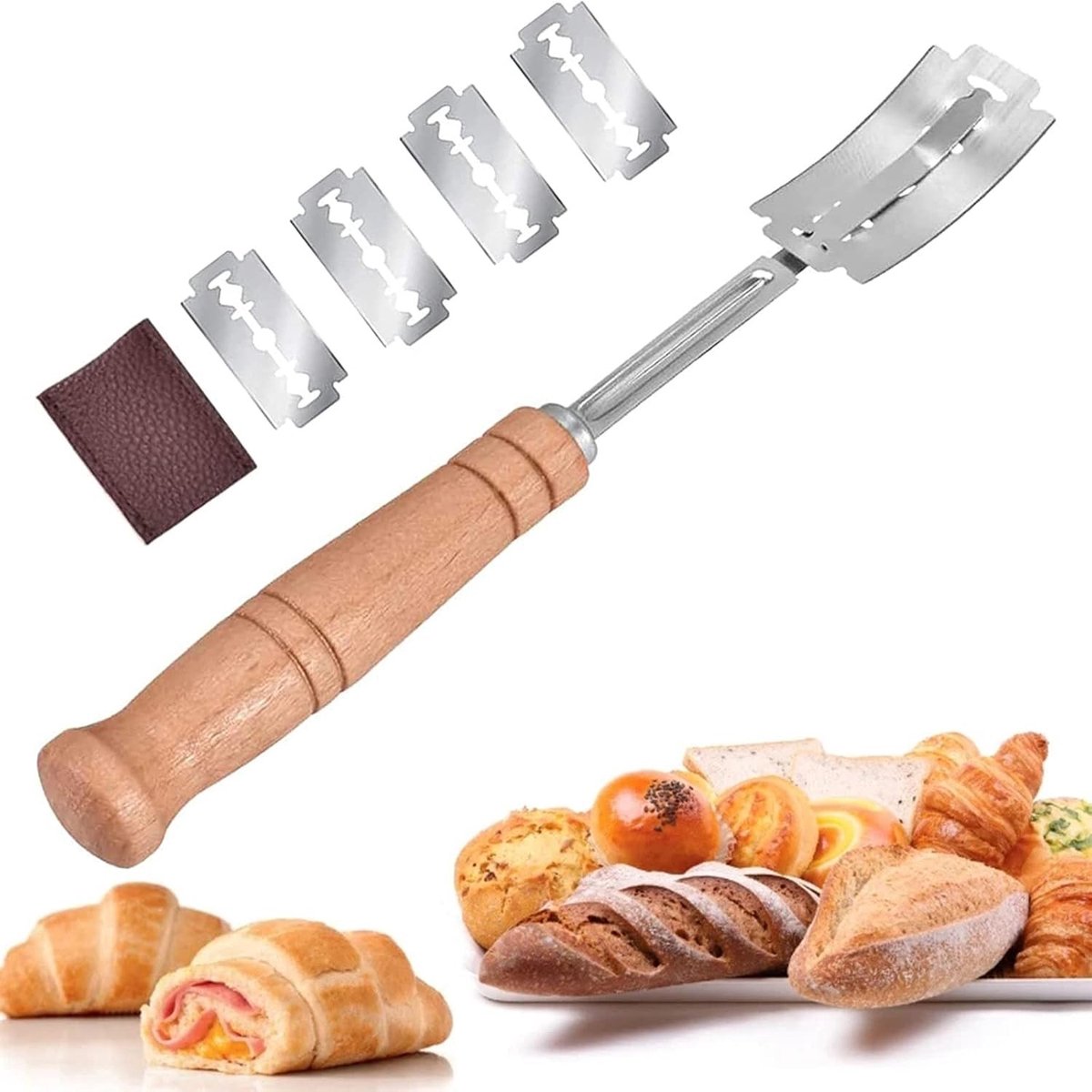 Deegmesje - Hout - Broodsnijder met 5 Roestvrijstalen Messen - Voor Zelf Brood Bakken en Decoreren