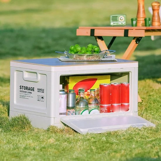 Camping Opbergbox - Opvouwbare Organizer - Buiten Leven - Met Houten Deksel - 50L - Wit — afbeelding 3