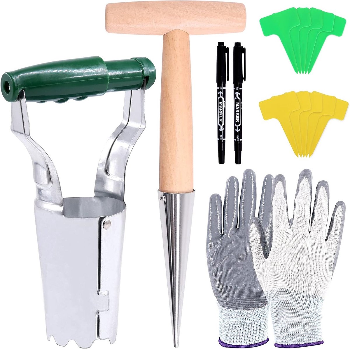 Tuingereedschap Set - Groen en Geel - 106 Stuks - Inclusief Plantendibber en T-Tags - Voor Tuinzaailingen