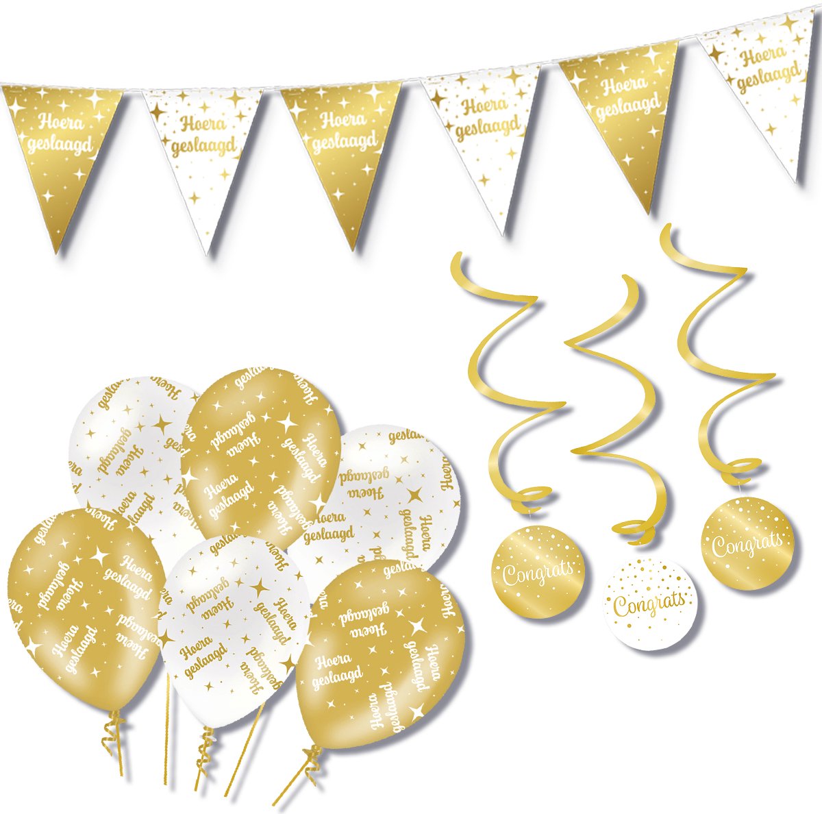 BTH – Hoera Geslaagd – Wit-Goud – Decoratie Set – Ballonnen-Swirls-Vlaggenlijn – Alles-in-1 – Afstudeer Pakket