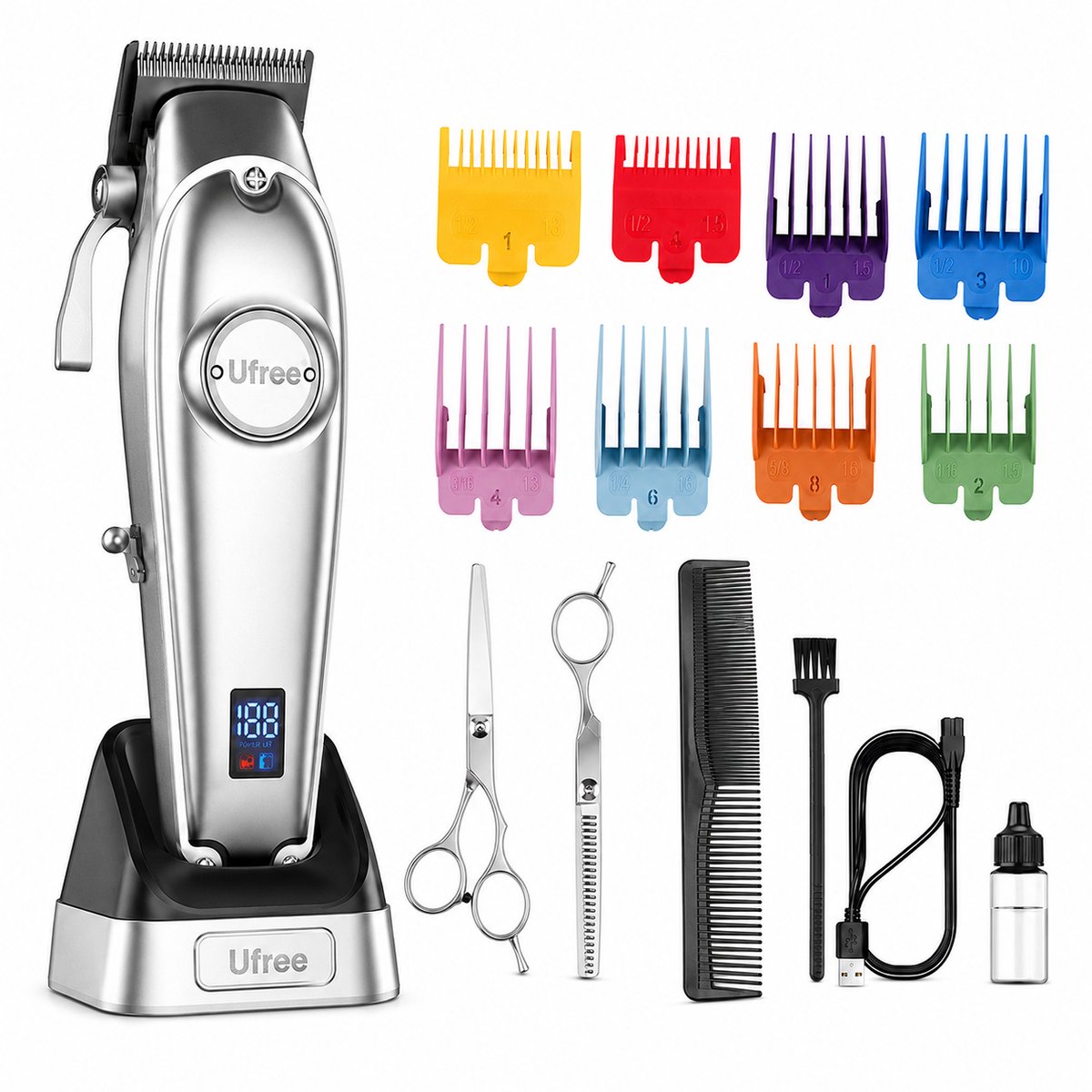 Professionele Draadloze Tondeuse Mannen Hoofdhaar – Ufree Haartrimmer met 8 Opzetkammen, LCD-Display, Laadstation en 2 Kappersscharen – Complete Barber Kappersset