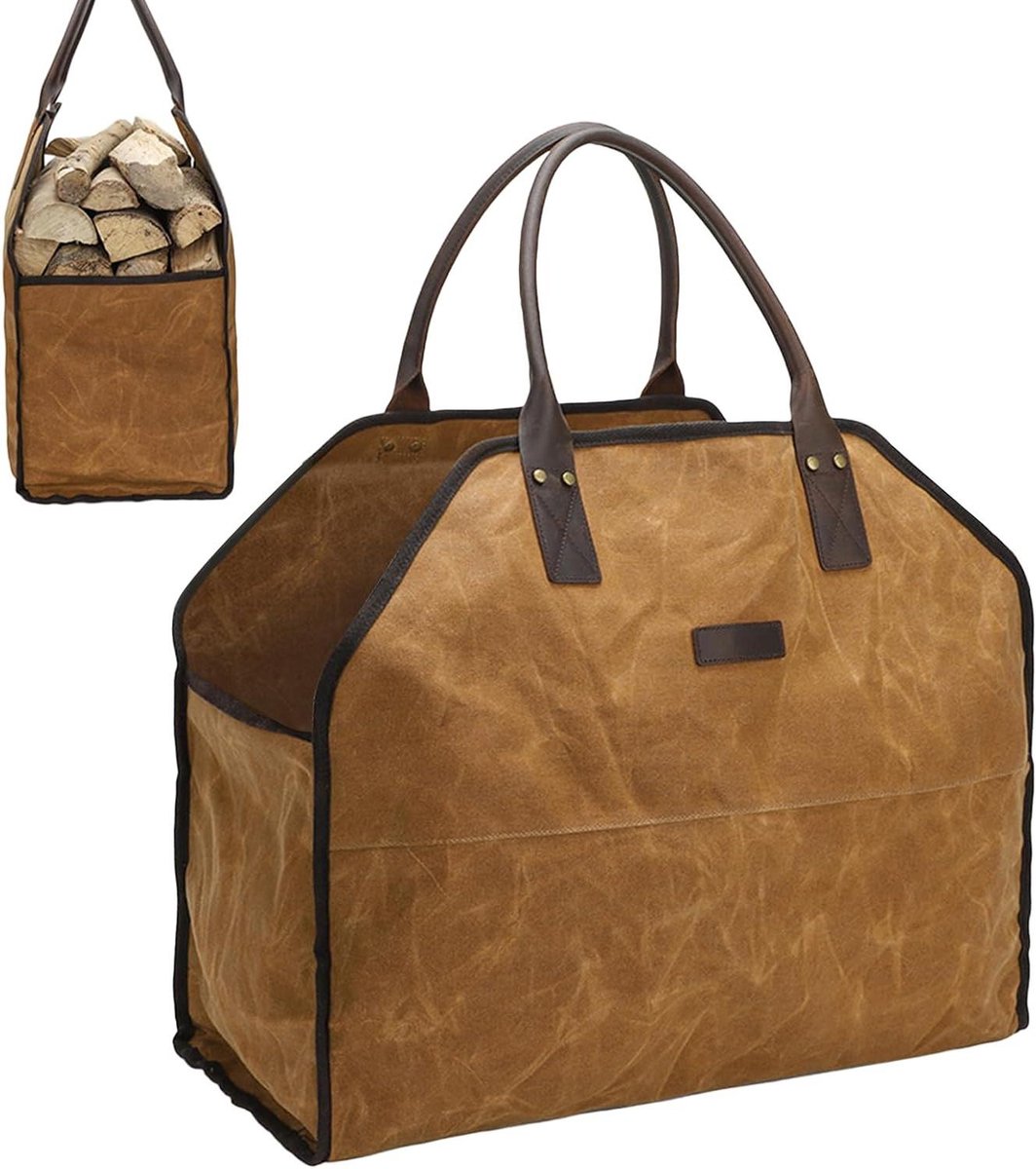 Brandhout Draagtas - Houtdrager Zak - Buiten Haard Gebruik - Waterdicht Canvas - 59x17x48cm - Geel