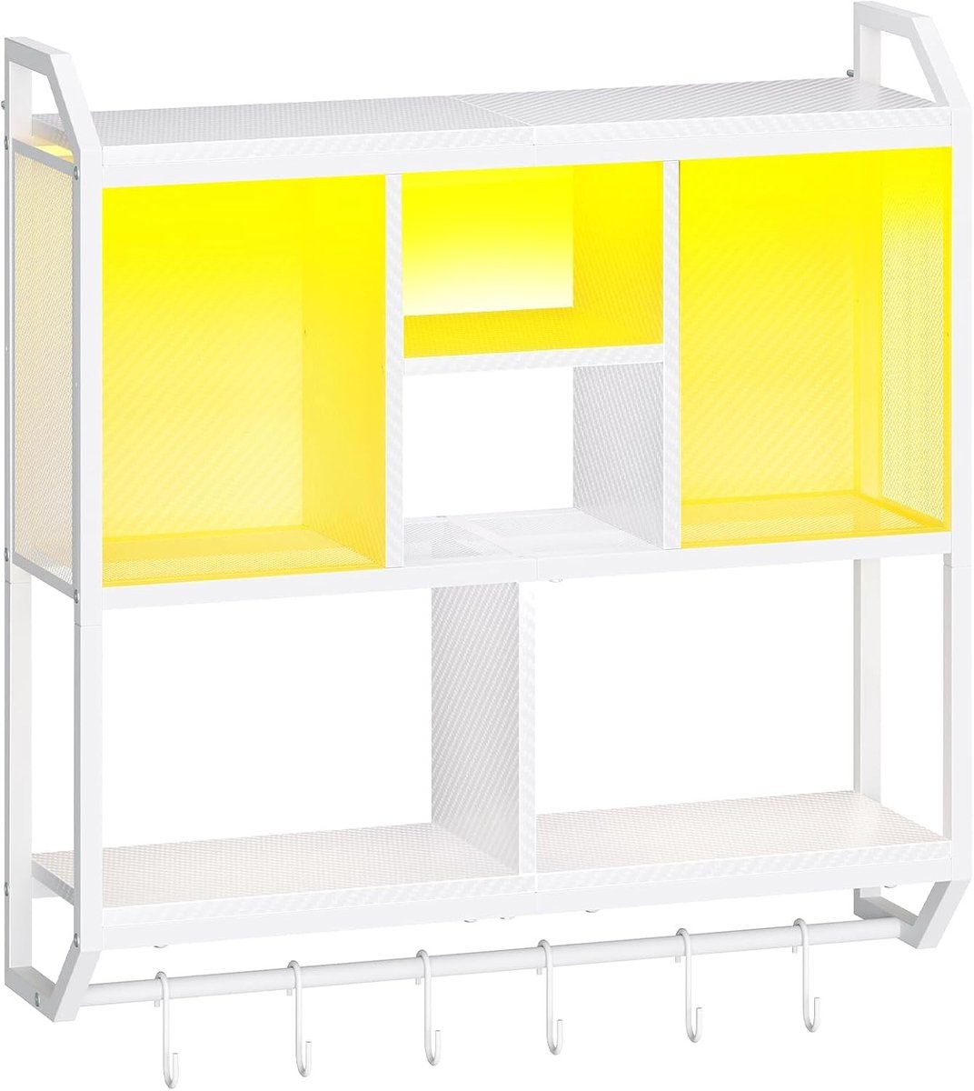 Wandplank met LED Verlichting, Drijvende Plank, 4 Laags Verticaal Opslag, Displaystandaard met 6 Haken voor Speelkamer, Keuken en Café, Wit