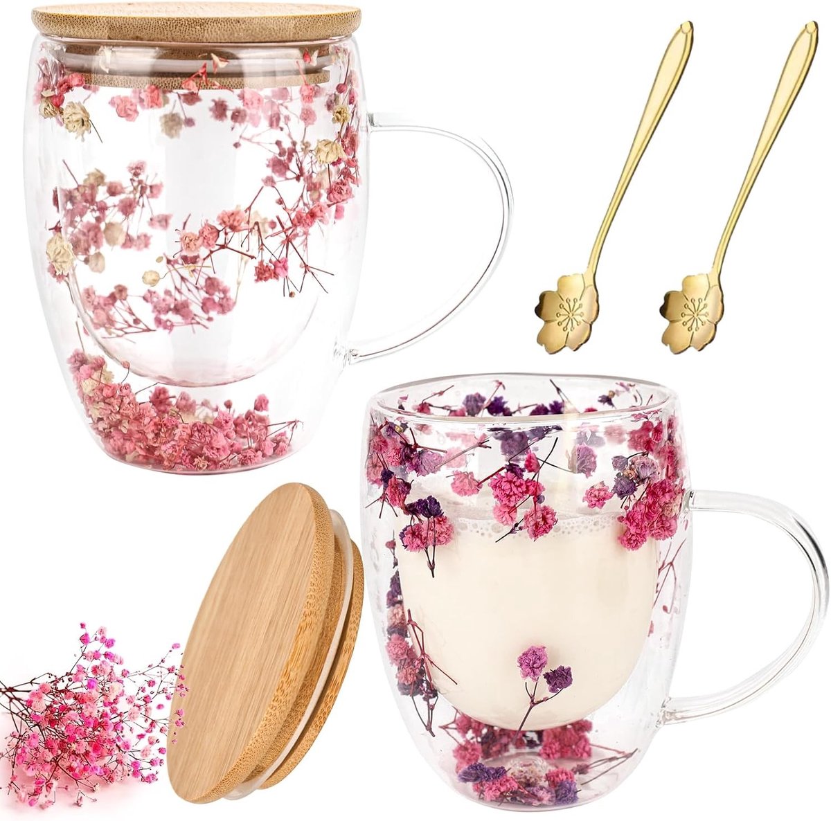 Dubbelwandige Latte Macchiato Glazen met Lepel - 350 ml Cappuccino Glazen, Warmte-isolerende Koffie Glazen met Handvat en Deksel, Perfect voor Dried Flowers en Decoratie
