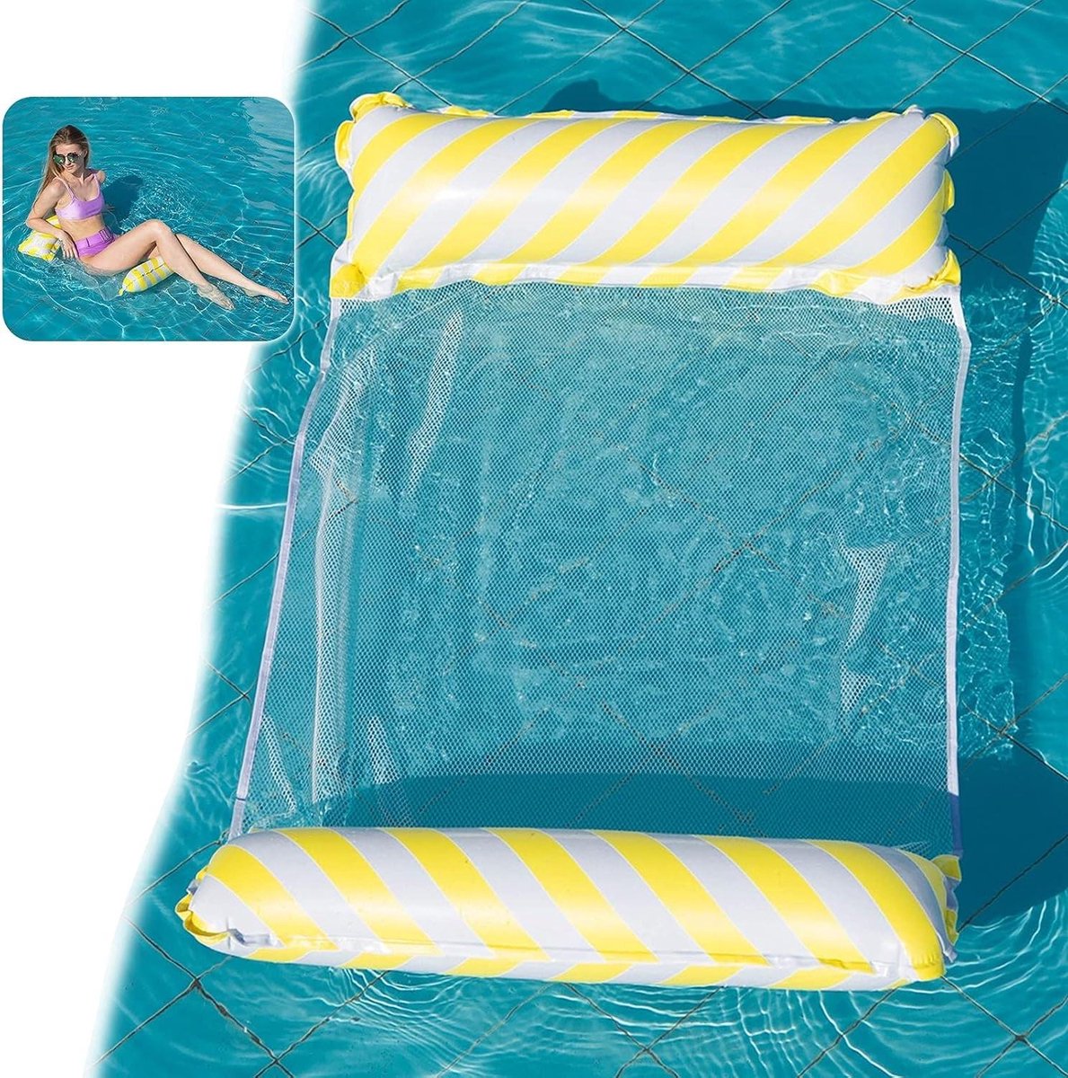 Opblaasbare hangmat - Waterhangmat luchtbed - Ontspannen op water - Multifunctioneel ontwerp - 122 x 70 cm - Geel