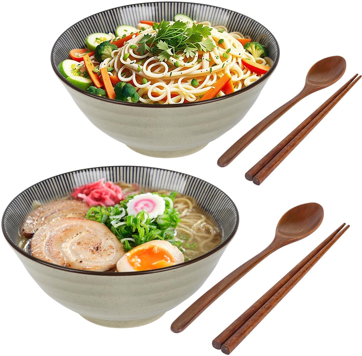 Omgoods - Set van 2 Keramische Ramen Schalen met Chopsticks en Lepels