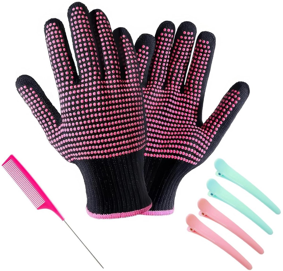 Hittebestendige handschoenen voor het stylen van haar met anti-slip siliconen nop, inclusief 4 clips en 1 kam, ideaal voor krullen en föhnen.