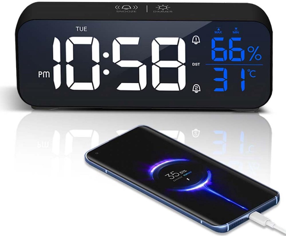 zurabini - Digitale Wekker met Spiegel - Digitale Klok met LED Licht, 5 Helderheidsstanden, Snooze Functie, Dubbele Wekker en 18 Alarmtonen - Alarmklok met 12/24 Uur en USB-Aansluiting - Reiswekker voor Slaapkamer