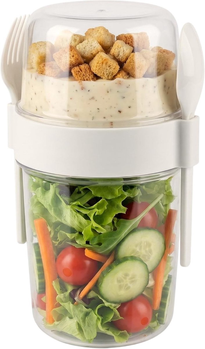 Yoghurt beker to go - Crème-wit - 1100 ml - Lekvrije BPA-vrije kunststof saladebeker met bestek - Voor onderweg en kantoor