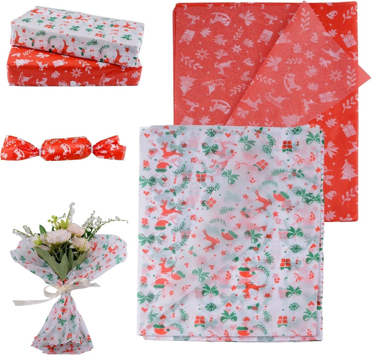 Kerst Tissue Wrapping Paper, 100 Vellen Geschenkpapier voor Kerstcadeaus, DIY Ambachten en Feestdecoratie met Rendier en Kerstboom Motief