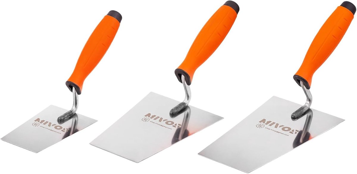 Roestvrij stalen trapeziumlepelset - 3-delig - 130 mm - 160 mm - 180 mm - roestvrije metselaarspellen in trapeziumvorm - stucateur troffel met rubberen greep - trapeziumstijlkellen - made in