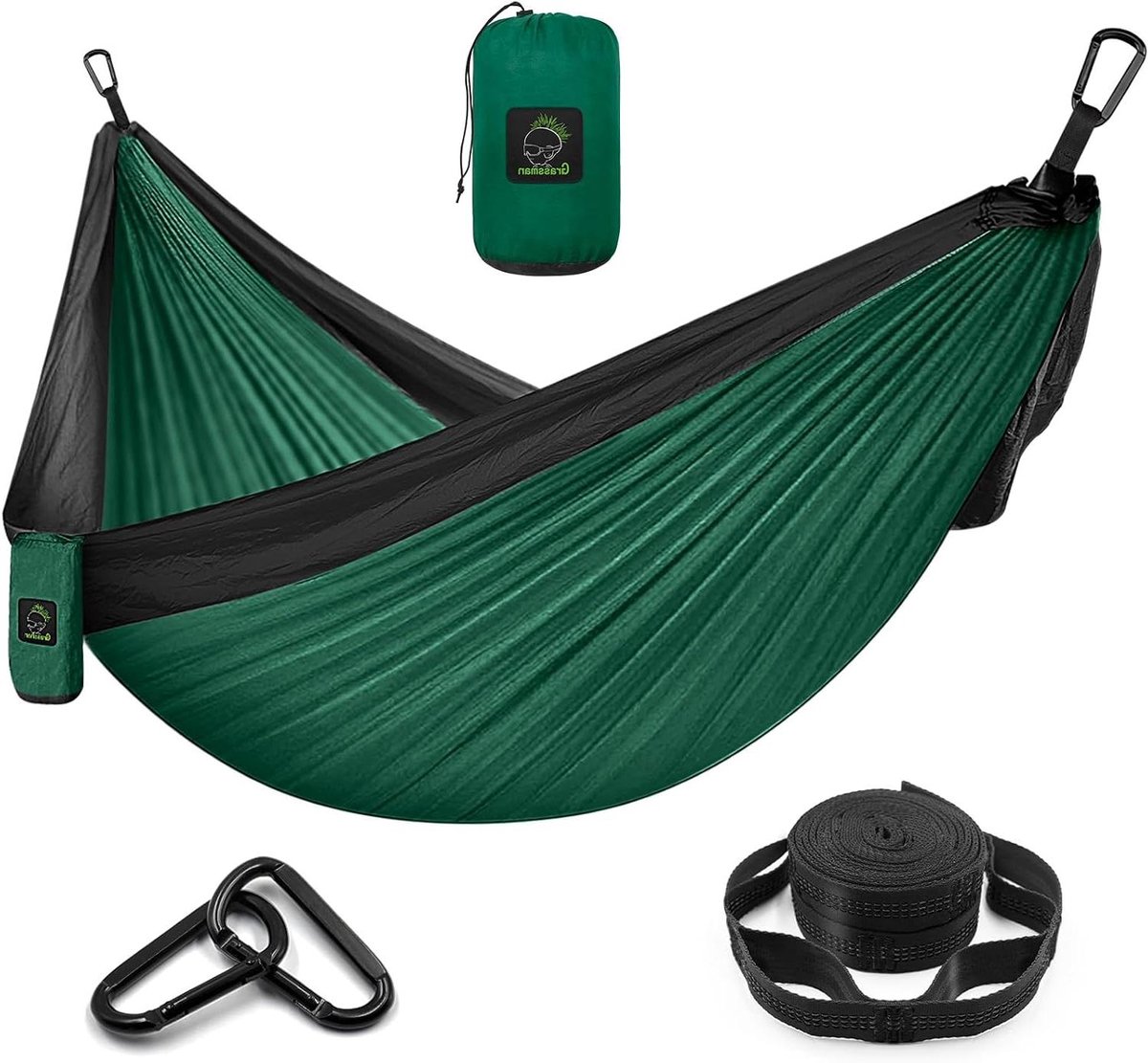 Campinghangmat - Dubbele draagbare - Buiten ontspannen - Lichtgewicht nylon - 2.75 x 1.4m - Groen/zwart