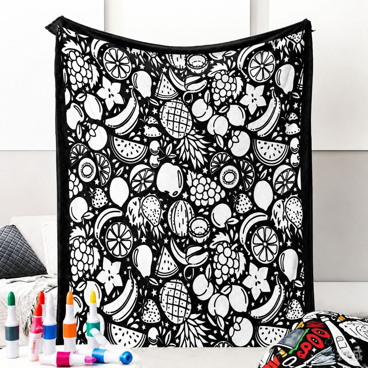 DIY Kleurdeken voor Volwassenen met 24 Stiften – Wasbaar Fluweel Zacht – Creatief Cadeau voor Thuisdecoratie – Geschikt voor Kinderen en Groepen(Fruit H)