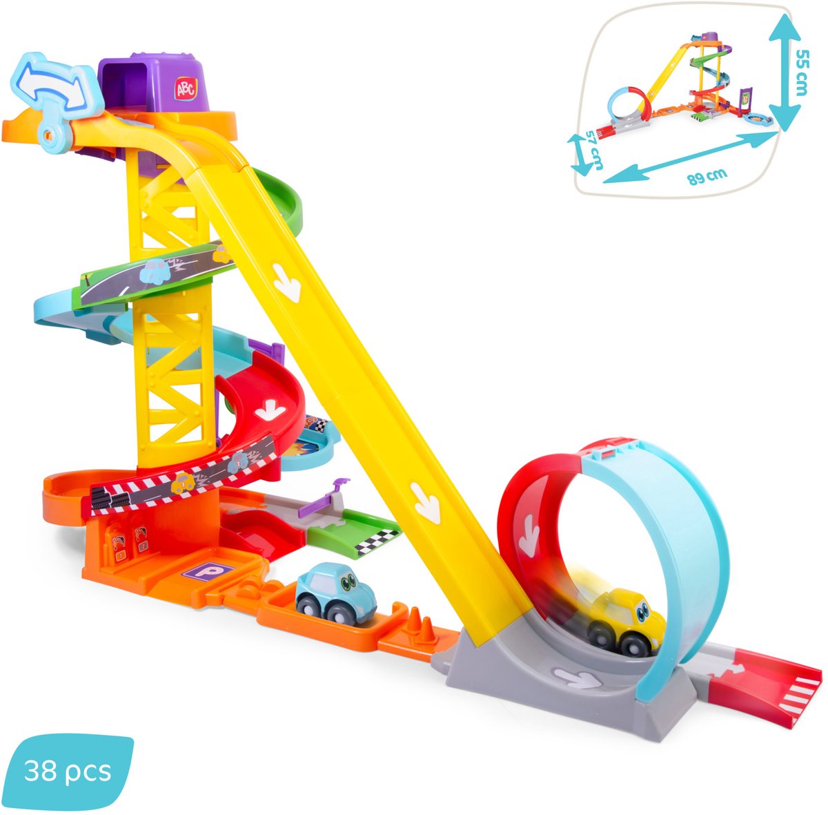 Racebaan - ABC - race n loop park - speelset met 2 auto's, looping en knikkers