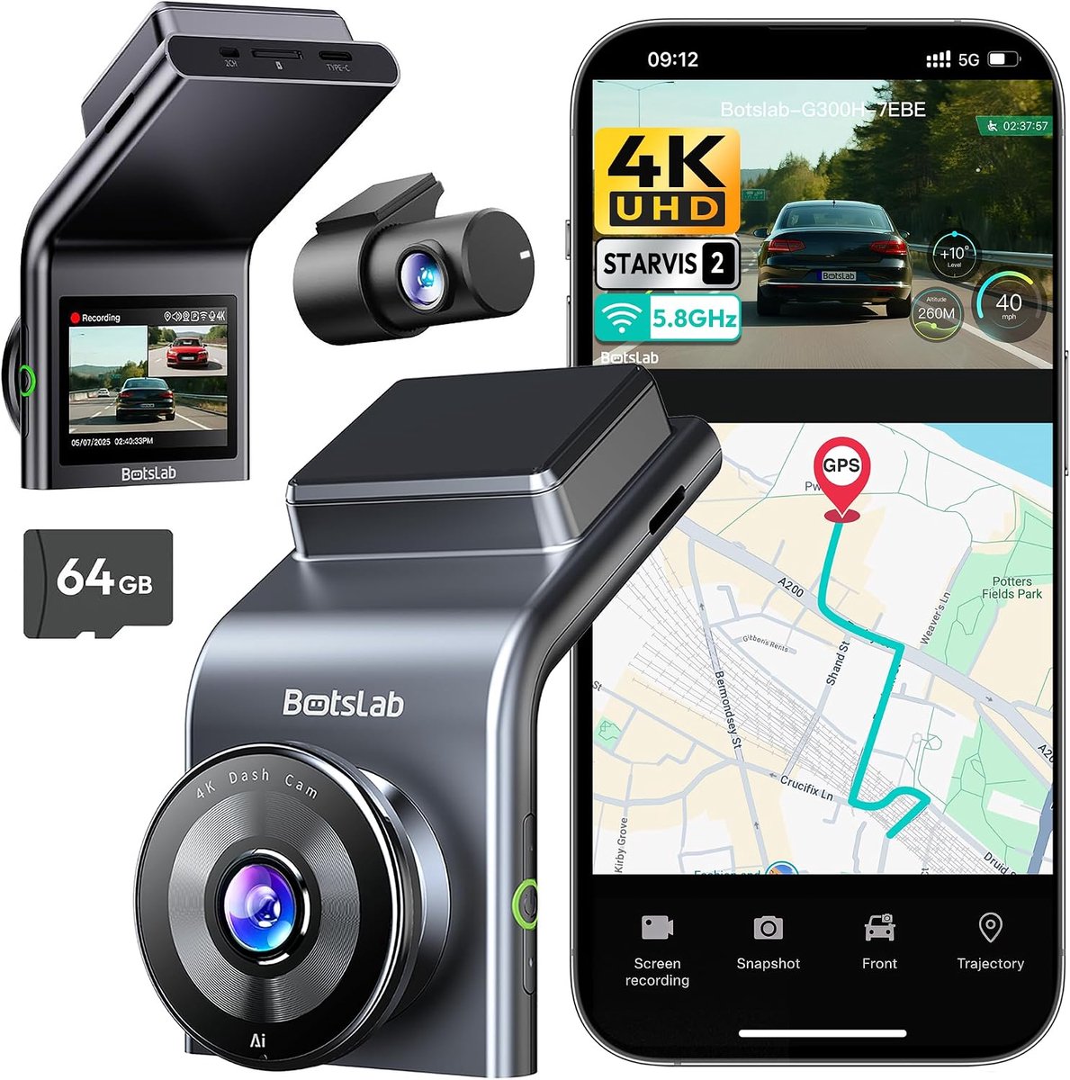 Botslab Dashcam - 4K resolutie + FullHD achtercamera - Night vision met Sony Starvis 2 sensor - App bediening met Wifi - GPS ingebouwd - 2,0 inch LCD - Dubbele dashcam met -Spraakbediening-24/7 parkeerbewaking- inclusief 64gb Micro SD kaart