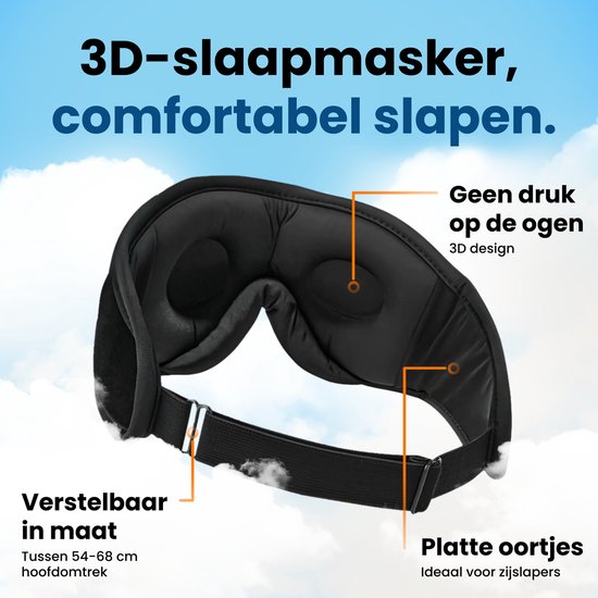 Masque de sommeil noir 3D avec sangle réglable, oreillettes plates et aucune pression sur les yeux.