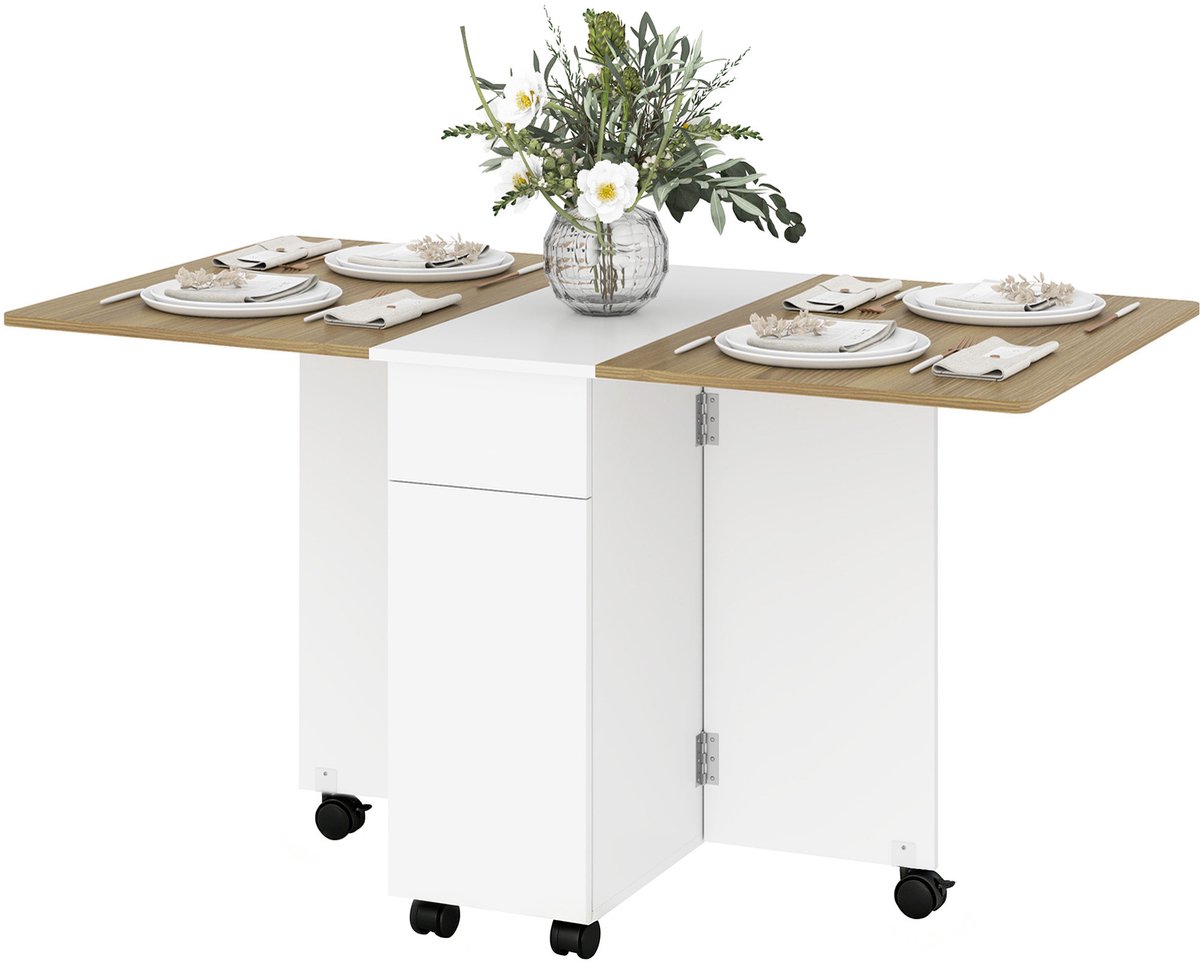 Opvouwbare eettafel voor 6 personen — keukentafel op wieltjes, met 2 lades en 2 kleine kastjes — 140 x 76 x 74 cm — wit