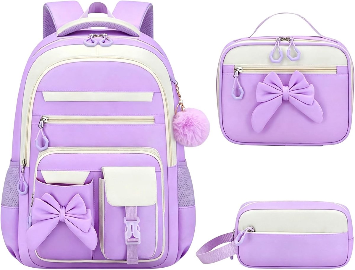 Ulisem - Schoolrugzak Meisjes - 3-Delige Rugzakset met Lunchtas & Etui - Grote Schooltas voor 15,6 Inch Laptop - Basisschool & Middelbare School -Paars