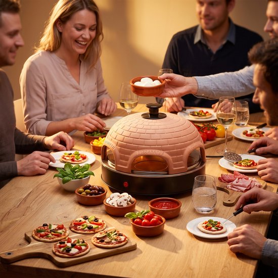 Emerio Pizzarette Origineel - 6 Persoons Pizza Oven - Handgemaakte Terracotta Koepel - 6 Geïsoleerde Bakspatels - RVS Bakplaat - Gourmetstel met Cool touch koepel - PO-115984 1200W — afbeelding 5