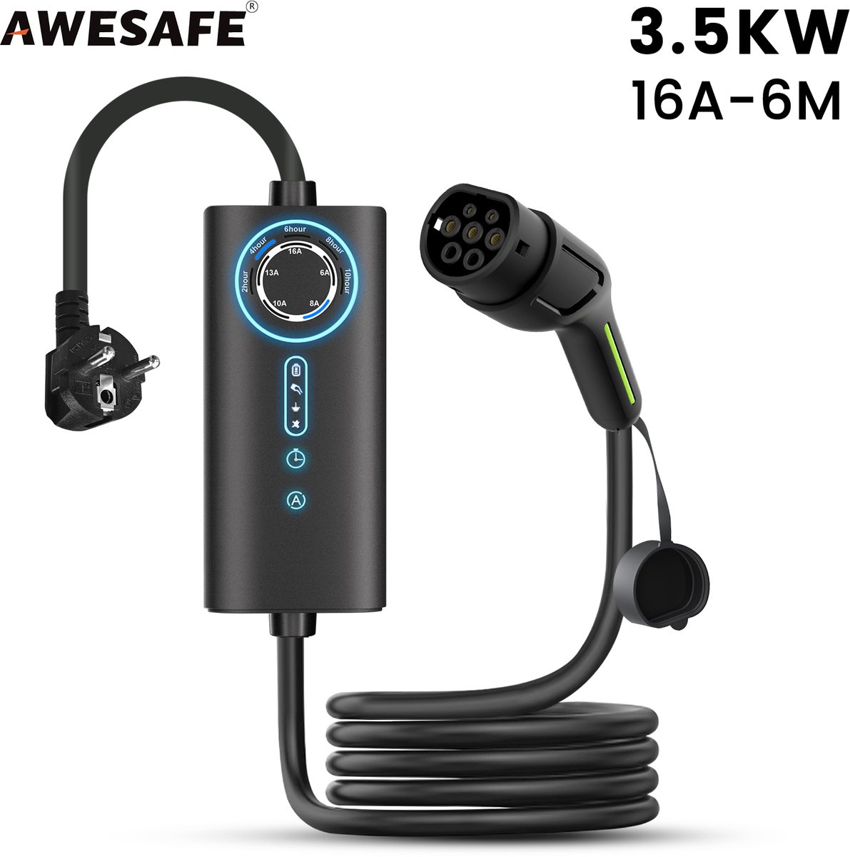 Awesafe Laadkabel Auto - Portable EV-Lader Type 2 - Geschikt Voor Elektrische Auto - 3.5 kW - Waterdicht - 6M - 6A/8A/10A/13A/16A Schakelbaar - Zwart