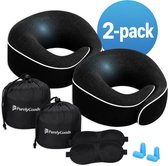 Twee zwarte nekkussens, 2-pack, met opbergzakjes, slaapmaskers en oordopjes.