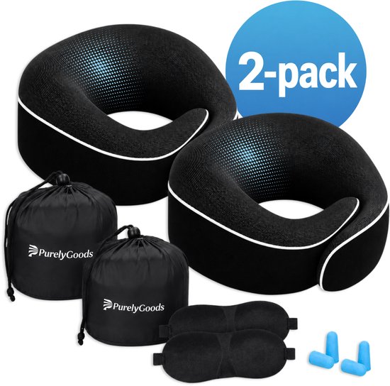 Deux oreillers de voyage noirs, lot de 2, avec sacs de rangement, masques de sommeil et bouchons d'oreilles.