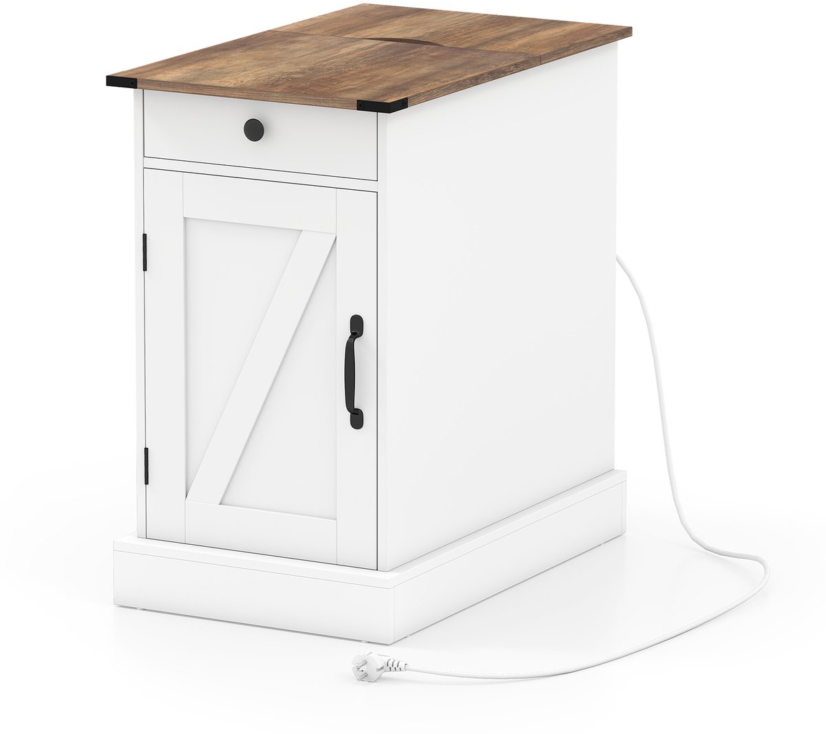 COSTWAY Bijzettafel, nachtkastje met oplaadstation, kleine tafel met opklapbaar tafelblad, lade, afneembaar dienblad en kast, salontafel met verstelbare legplank voor de woonkamer (Wit)