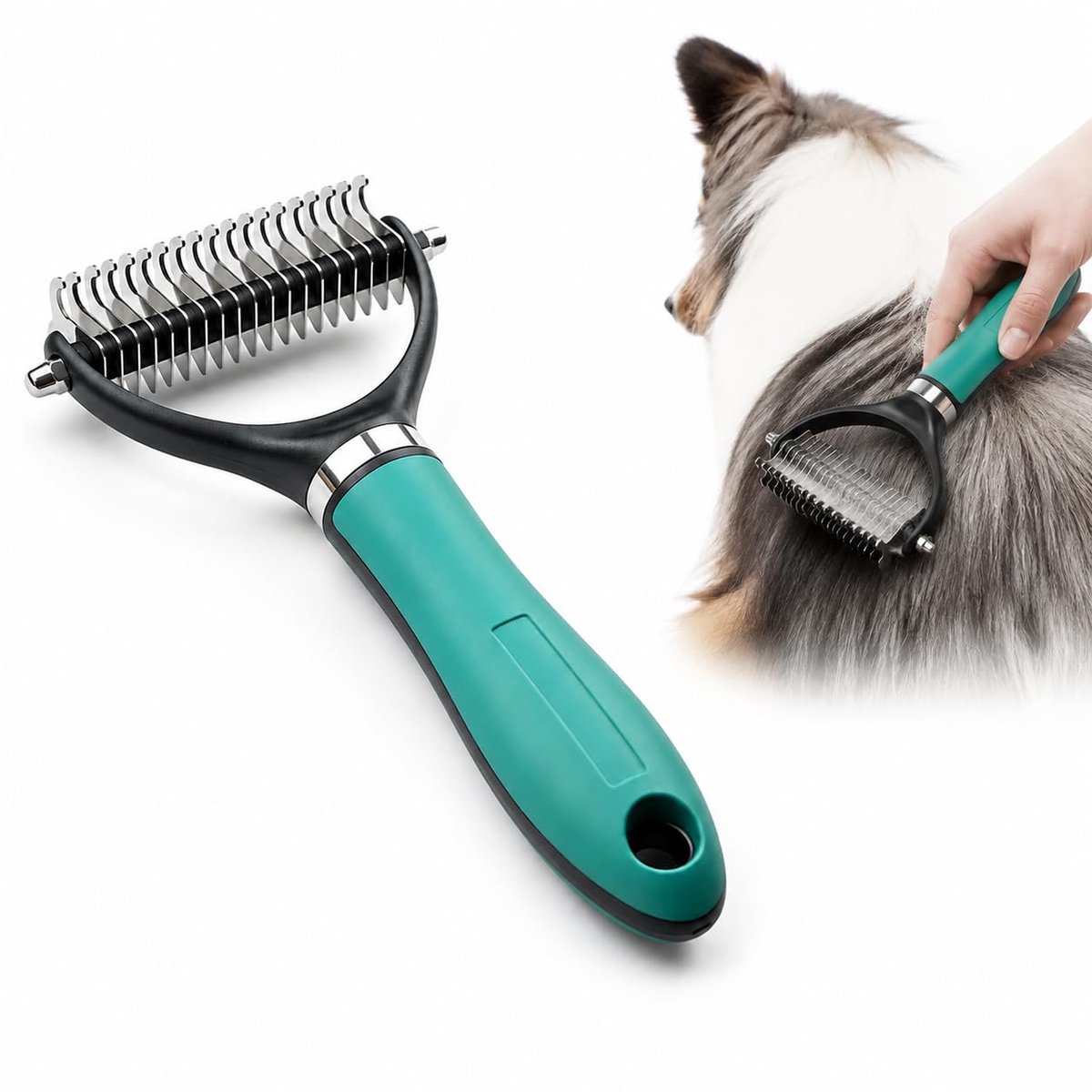 Hondenborstel Ondervacht 2026 Nieuw – Ontviltingsborstel voor Katten met Dubbelzijdige Roestvrijstalen Tanden – Ontklitborstel voor Honden en Katten – Vachtborstel voor Ondervacht tegen Klitten en Losse Haren (Groen)