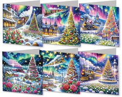 5D Diamond Painting Kerstkaarten - 6 stuks - DIY Kaarten - Kerst Diamond Stickers - DIY Diamond Painting voor volwassenen - Kunstset - Kerst- en verjaardagscadeaus voor familie, vrienden en meisjes (wit) - kerstboom